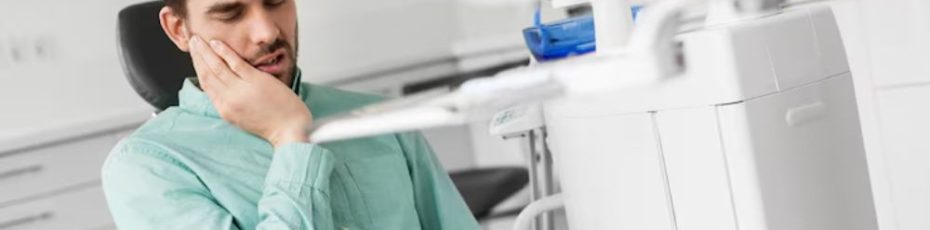 person holding their jaw in pain from a severe toothache while waiting for emergency dental treatment